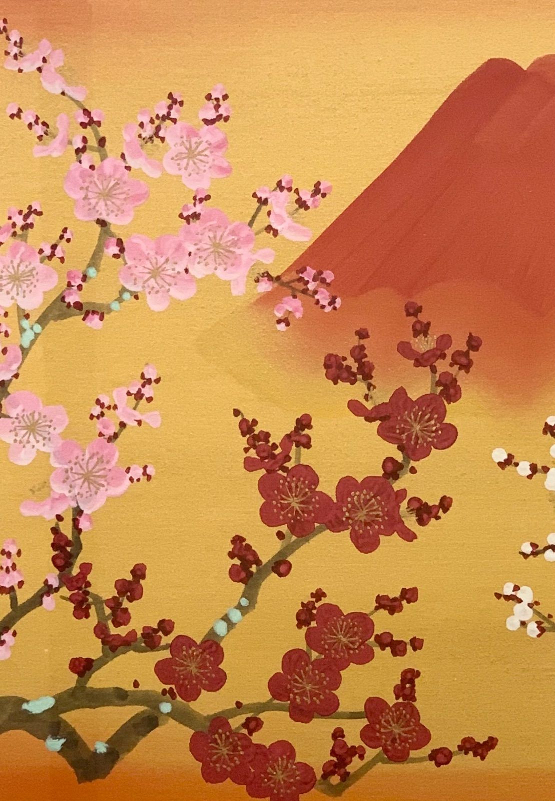 【額付】あいはら友子　日本画　赤富士に三色の梅　6号※値下げ希望はコメント下さい 額付】あいはら友子 日本画 赤富士に三色の梅 6号 - メルカリ