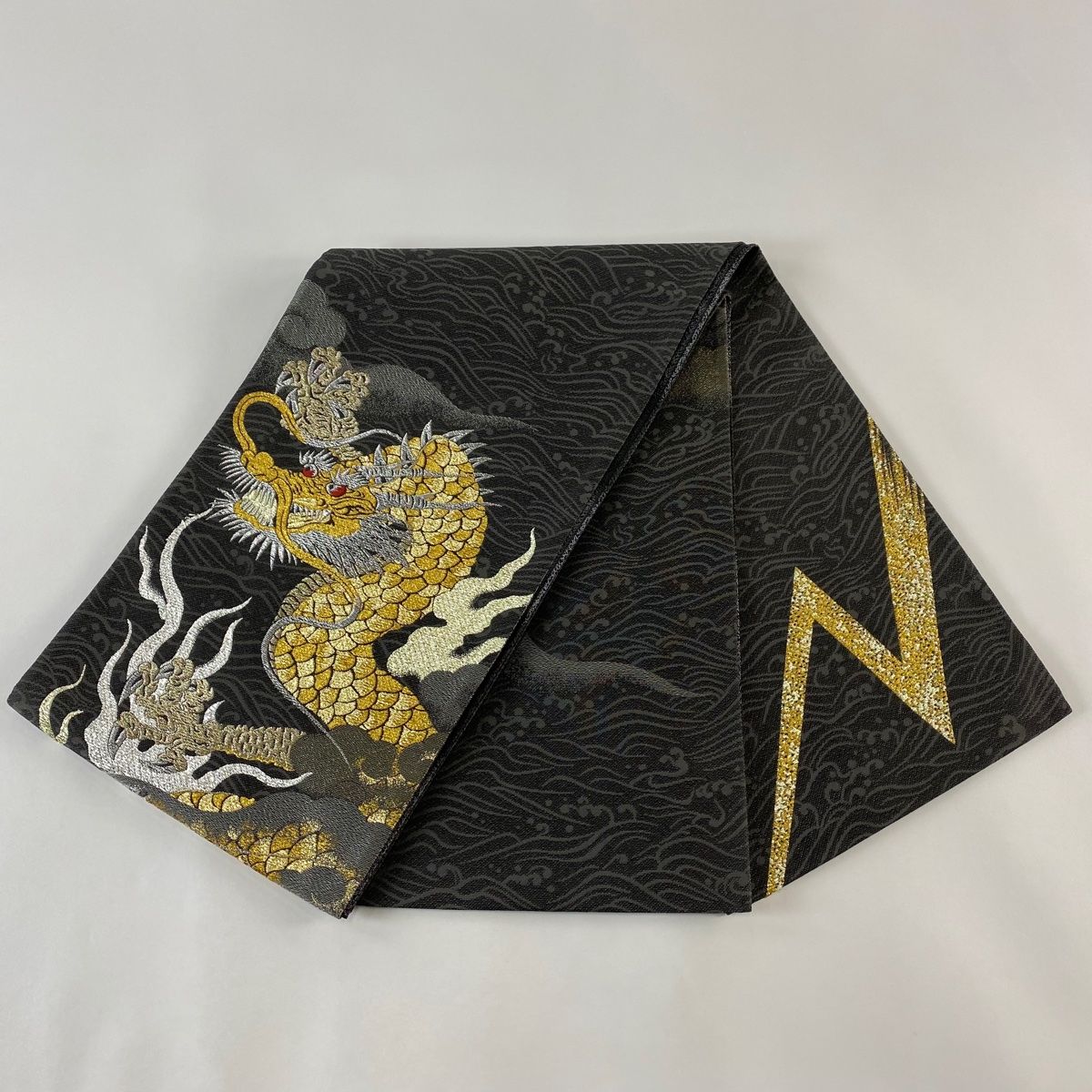 袋帯 美品 逸品 龍 波頭 金銀糸 箔 黒灰 お太鼓柄 正絹 【中古