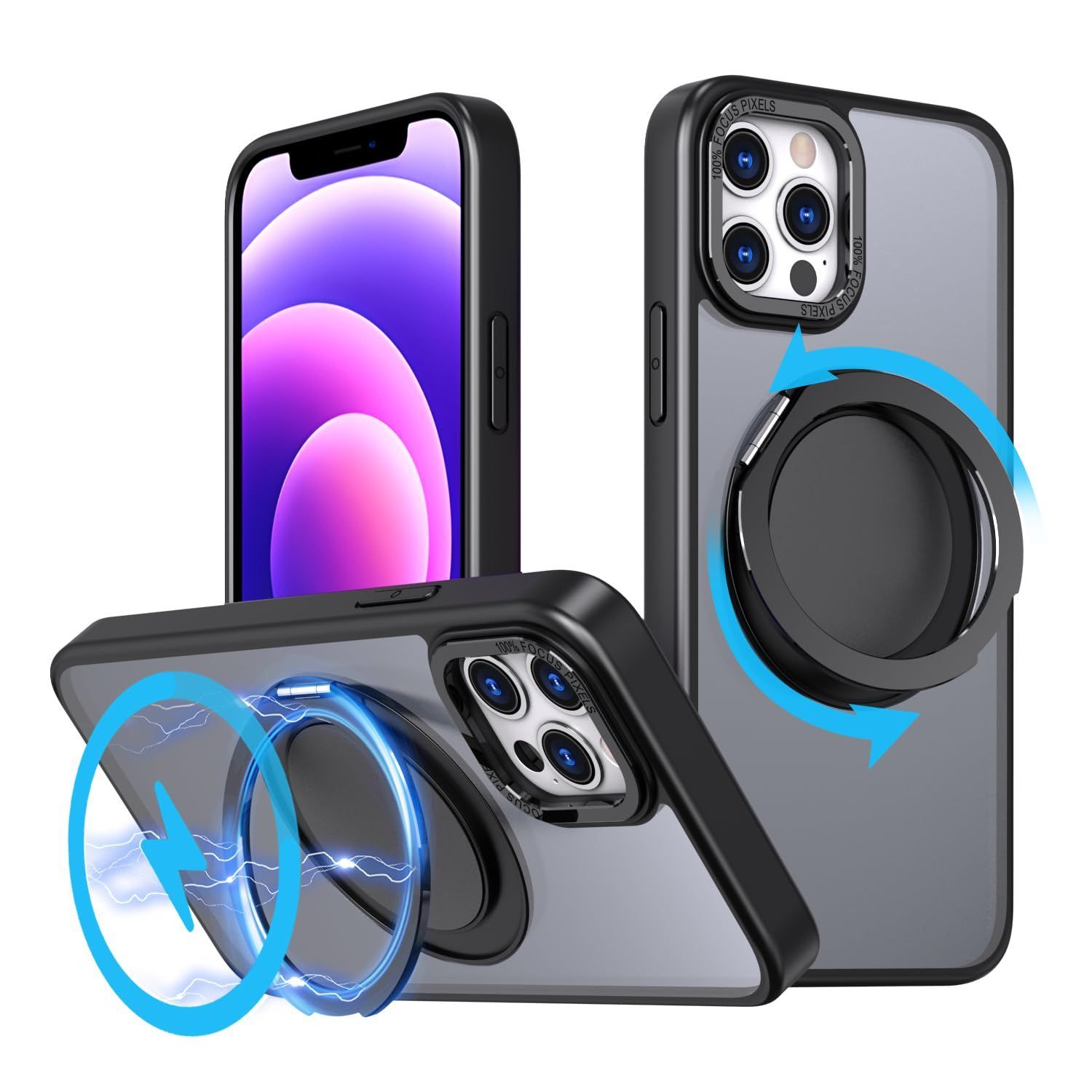 【ZEKUN】iPhone12 Pro Max/13 Pro Max 用 ケース【多機能360回転スタンド】【Magsafeリング・スタンド一体】【ブラケットギアの回転】Magsafeリング・スタンド一体丸型スタンド付きマグネット搭載 縦横