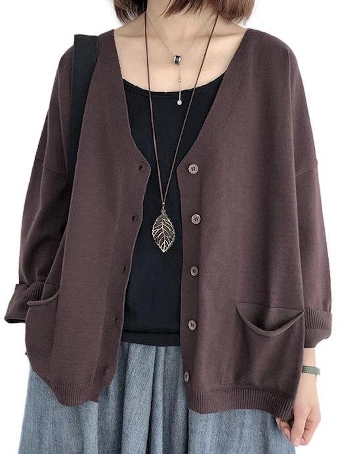 Size M_Color ブラウン アパンプ ニット カーディガン 秋 アウター ゆったり 長袖 Vネック 無地 シンプル レディース M ? XL ブラウン M