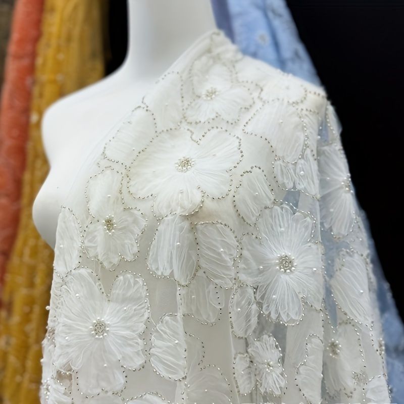 1ヤードの花柄刺繍レース生地、3Dビーズスパンコールポリエステル 