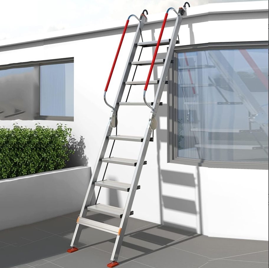 アームレスト付き折りたたみ式屋根裏はしご 2つの取り外し なフック付きの高い階段滑り止めゴム足ポータブルヘビーデューティ折りたたみはしご 10 Step HRDEVELOPMENT_JP