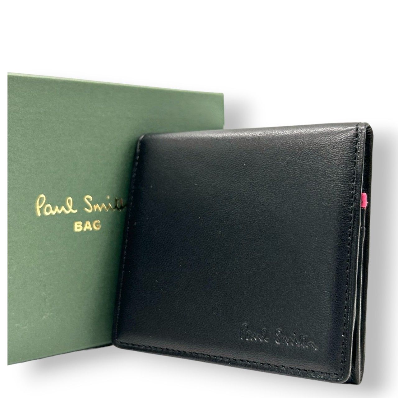 ポールスミス Paul Smith コインケース 小銭入れ 財布 コンパクトウォレット レザー 本革 ブラック 黒 内側ピンク バイカラー ミニマルデザイン メンズ レディース ユニセックス ロゴ型押し き クリーニング済み w5