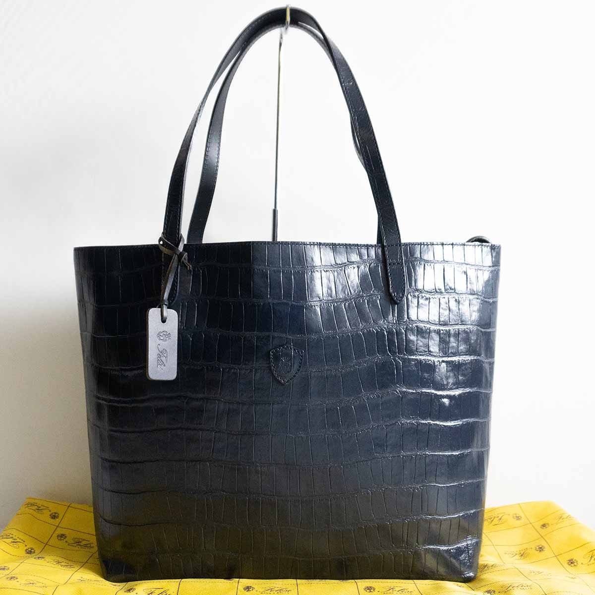【美品】FELISI 【15-50/SA クロコ型押しレザー トートバッグ】 ブルー 肩掛け可能  MADE IN ITALY BAG 25011191