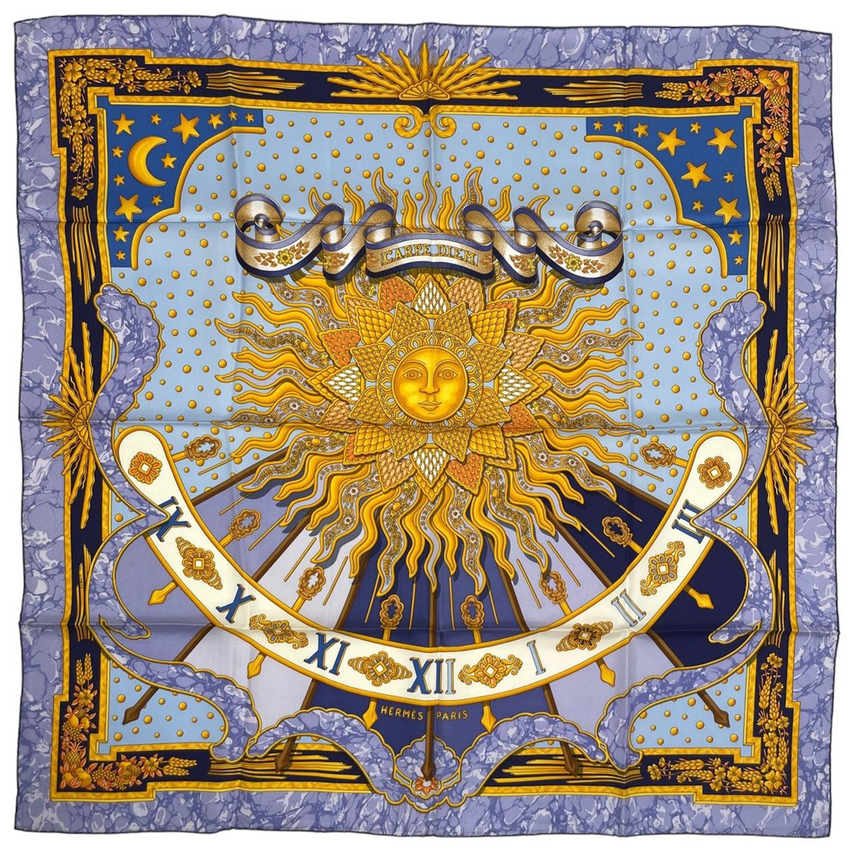 エルメス HERMES カレ 90 CARPE DIEM 今日一日を楽しむ 太陽 月 星 スカーフ シルク パープル マルチカラー レディース