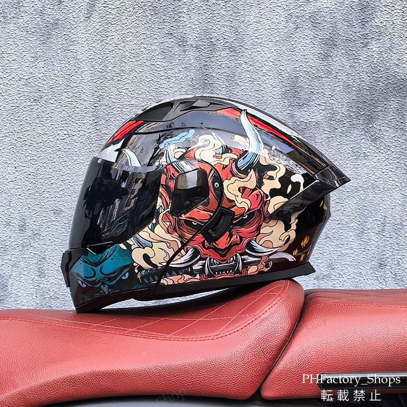 バイクヘルメット フリップアップヘルメット フルフェイスヘルメット DOT承認 クラッシュヘルメット 耐久性 安全性 通気性 男女兼用 鬼マスク ブラック A129