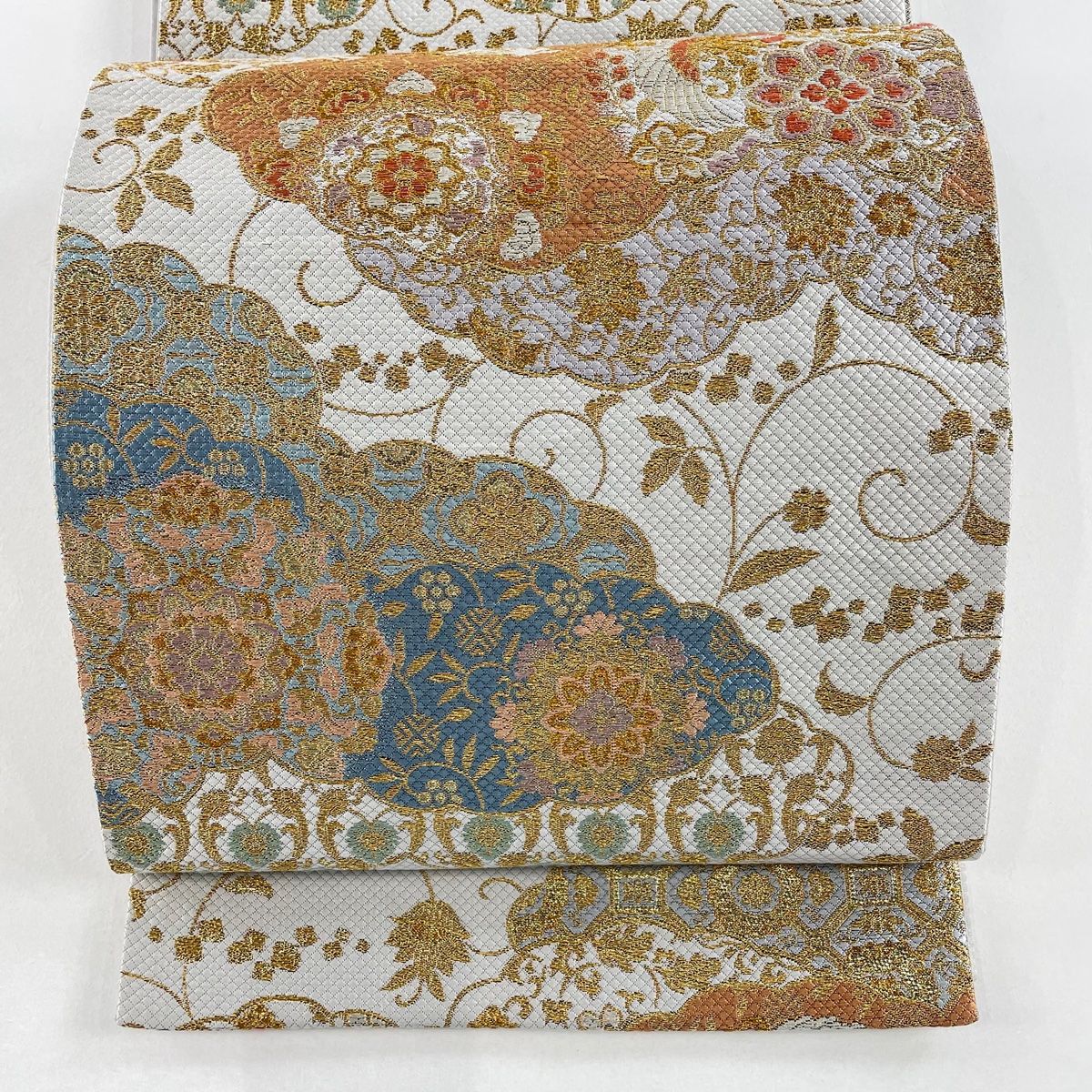 専用ページ彫金箔百選 袋帯 正絹 上品なデザイン 六通U-3879 袋帯 美品 名品 華文 向かい鳥 箔 唐織 灰紫 六通 正絹｜中古