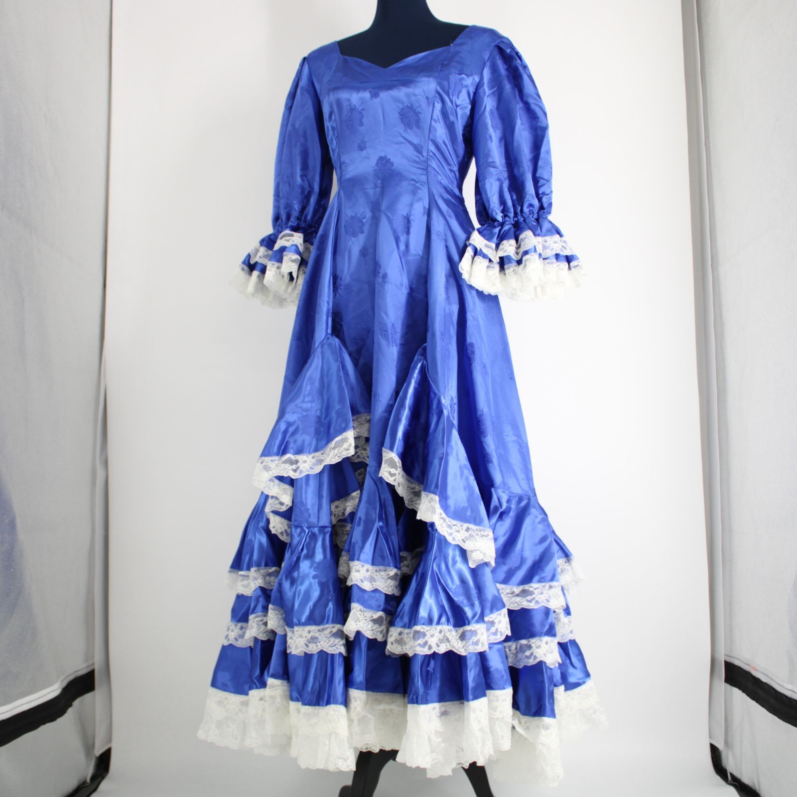 美品 フラメンコ衣装】ブルー×豪華ボランテ ワンピース ドレス レース 