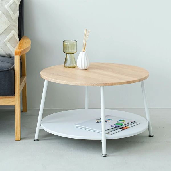 ヴィンテージ風 棚付 リビングテーブル サイドテーブル 木製 木目 丸 モダン 一人暮らし 収納 ひとり暮らし おしゃれ