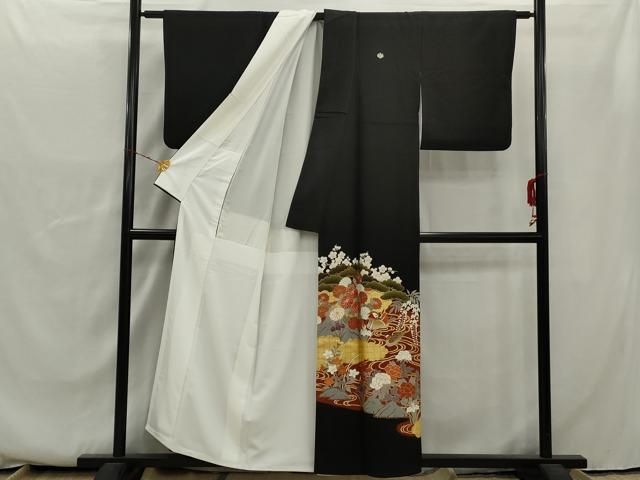 平和屋着物□豪華黒留袖 駒刺繍 流水鴛鴦花文 金彩 正絹 逸品