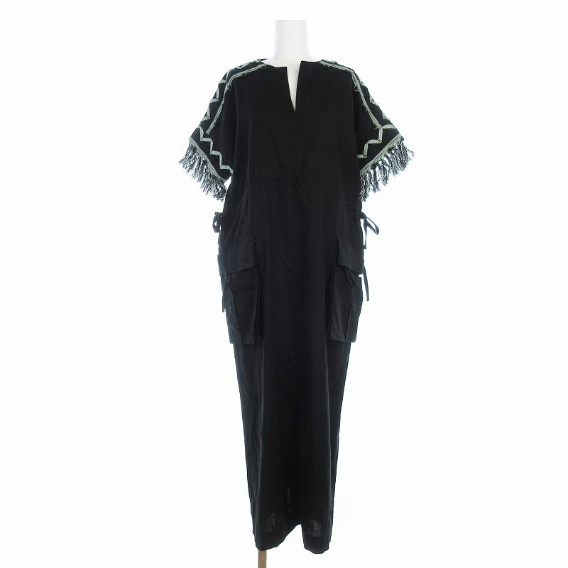 エボニー EBONY LINEN GATHER DRESS ワンピース ロング 半袖 フリンジ size1 M 黒 ブラック /KO