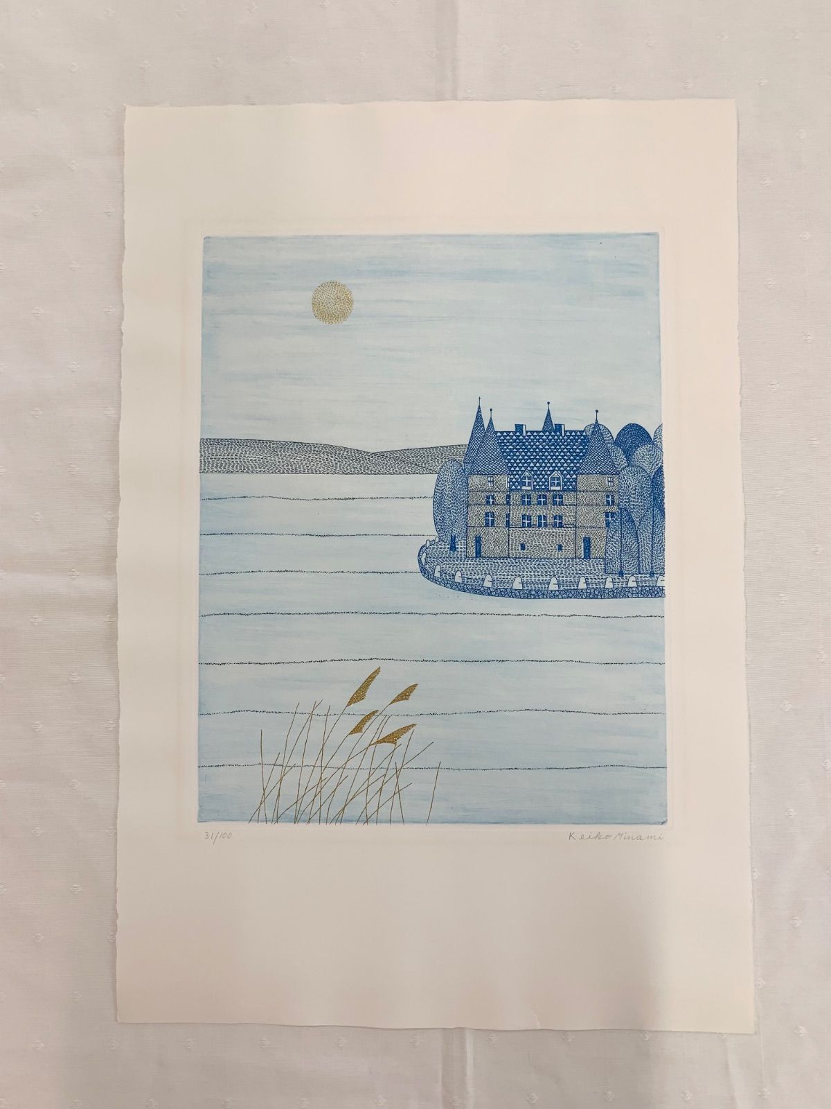 シートのみ 真作 湖とシャトー ススキ 南桂子 Minami Keiko エッチング ソフトグランドエッチング 作家直筆サイン 版画 版画