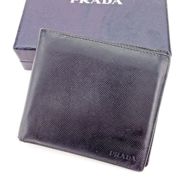 プラダ 二つ折り財布 財布 ロゴ ブラック系 サフィアーノレザー PRADA