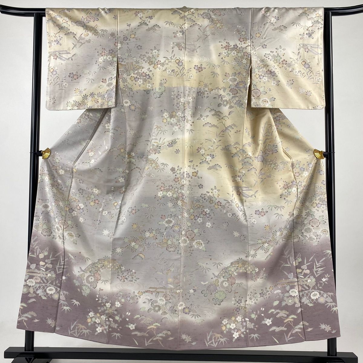 訪問着 身丈155cm 裄丈63cm S 袷 紬地 松竹梅 家屋 金彩 ぼかし 薄紫 正絹 名品