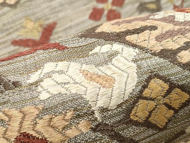 平和屋着物●有職彩絵師　林美木子　両面　六通柄袋帯　唐織　花宝　浜梨に有職宝尽し文　金銀糸　反端付き　正絹　逸品　DABD1758ps 平和屋着物◎六通柄袋帯 唐織 桃山錦 扇面菊牡丹文 金