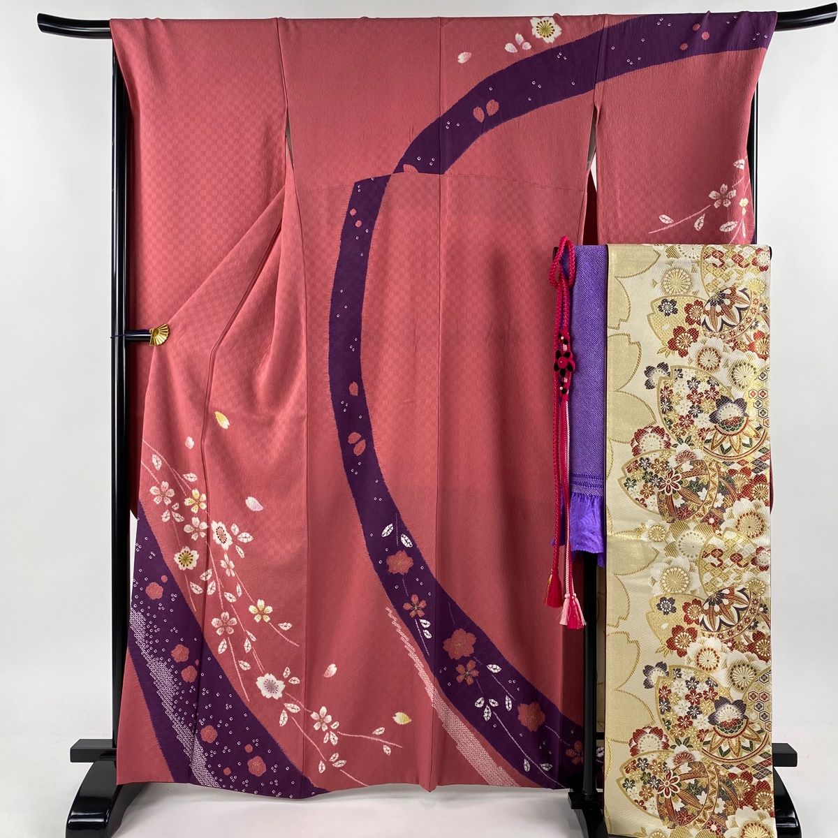 振袖 身丈165.5cm 裄丈69cm L 袷 袋帯フルセット 桜 梅 刺繍 絞り  