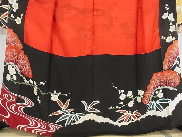 平和屋本店□極上 アンティーク 大正ロマン 振袖 刺繍 松竹梅飛鶴花文