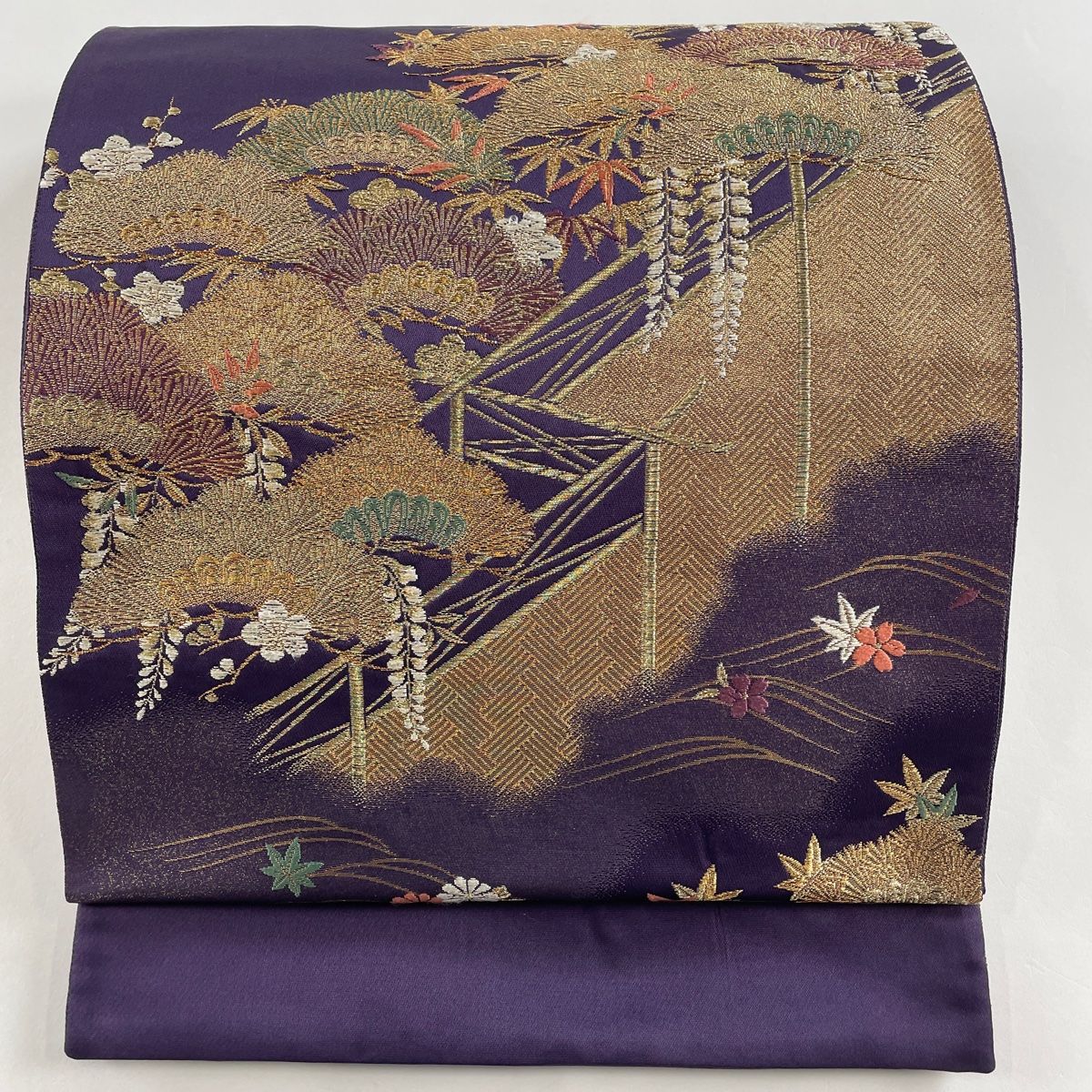 袋帯 美品 秀品 松竹梅 波 金糸 箔 紫 六通 正絹 【中古