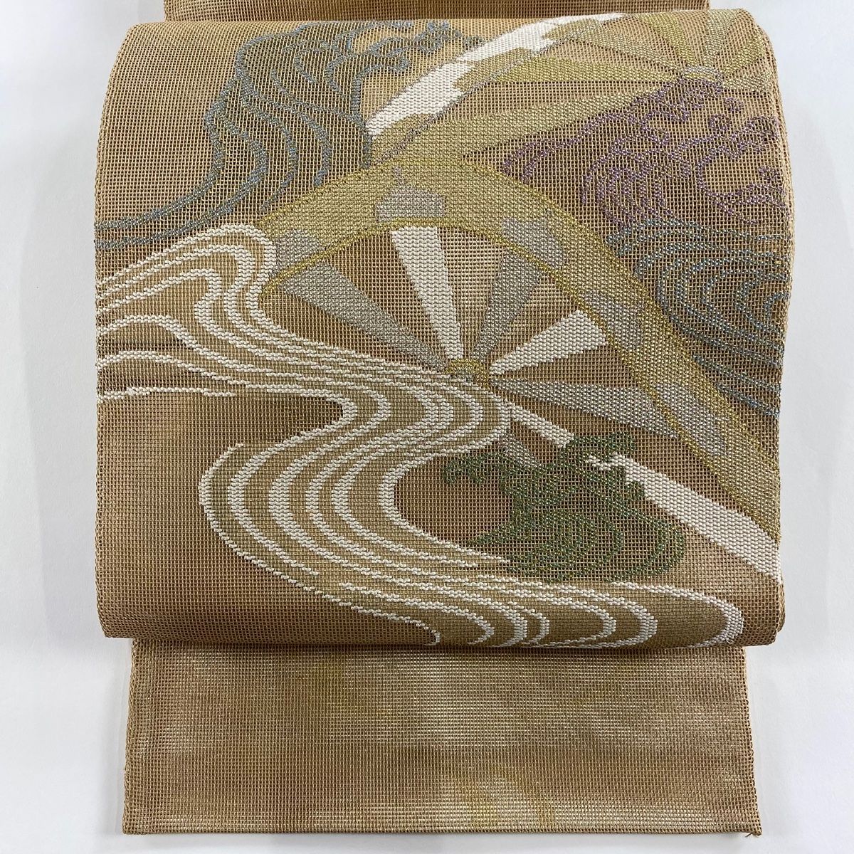 袋帯 秀品 夏帯 紗 片輪車 流水 金銀糸 箔 薄茶色 お太鼓柄 正絹