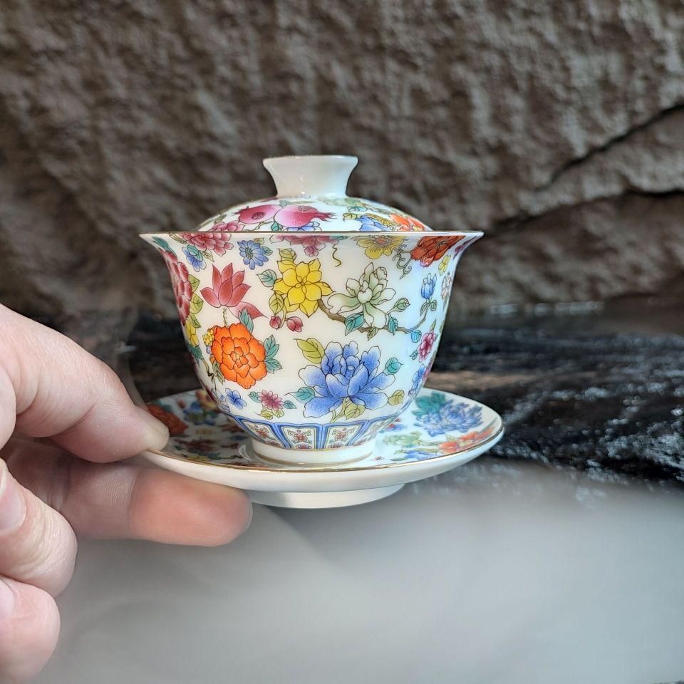 煎茶器 宝瓶 三才碗 蓋碗 美しい手毬 IwaiLoft 新品未使用 煎茶器 陶磁茶碗 琺瑯万花三才蓋碗 中国茶器 急須 急須置き 手まり柄 工芸品