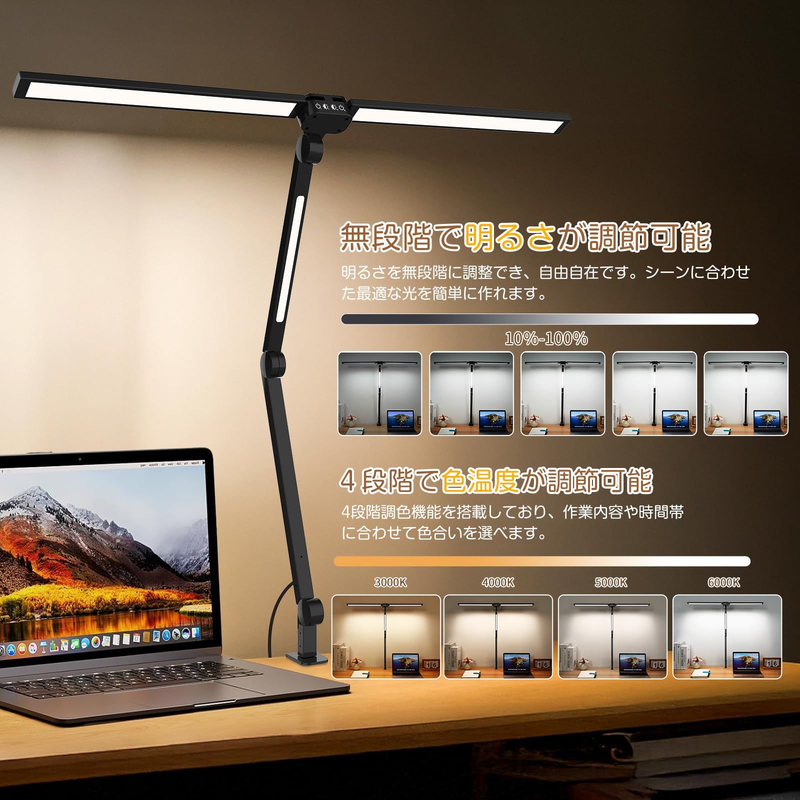 2025新登場 SHANHE デスクライト LED リモコン付き 3光源Max版 環境補助光 独立制御 2000Lx クランプ式 電気スタンド 多角度調節 無段階調光 ４段階調色 24W 幅広 スタンドライト 目に優しい 卓上ライト 読書 勉強 仕事適用 プ