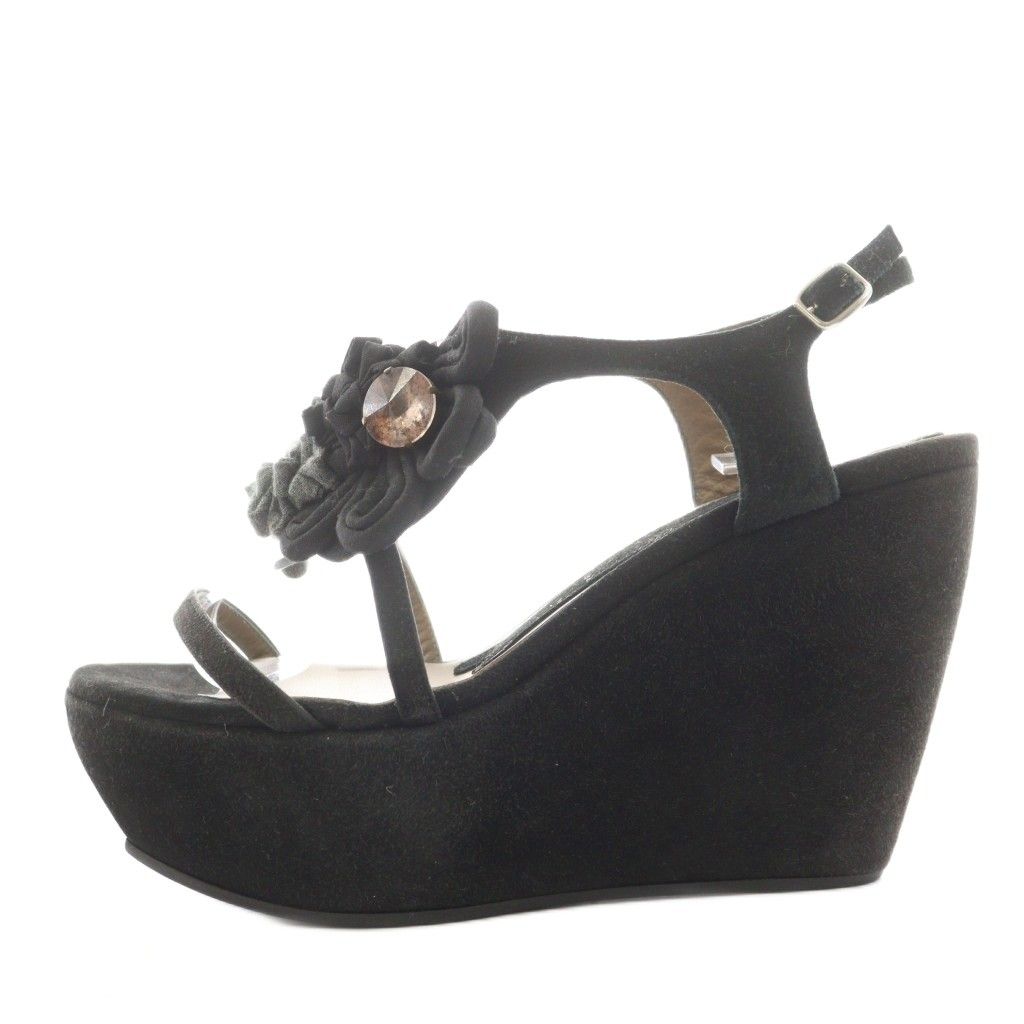 マルニ MARNI サンダル ウェッジソール 厚底 ストラップ フラワーモチーフ スエード 36 黒 ブラック AN 20