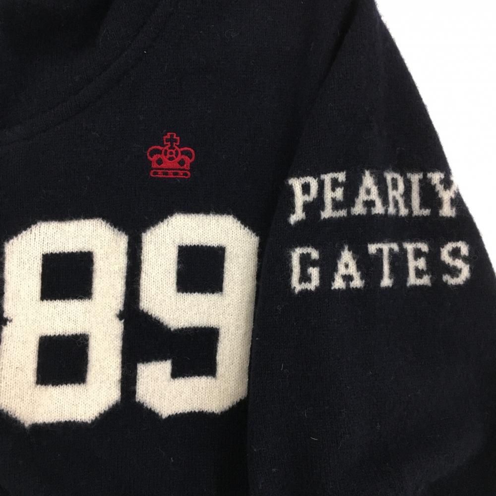 家庭的な パーリーゲイツ ニットジップパーカー ネイビー×白 後ろボーダー カシミア 羊毛混 レディース 2 L ゴルフウェア PEARLY GATES