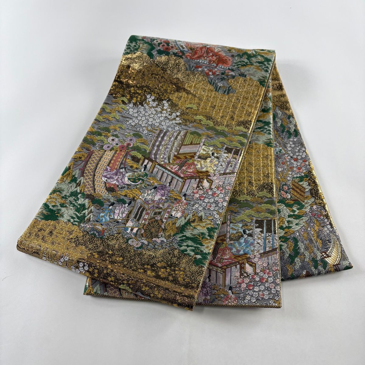 袋帯 美品 秀品 弍拾四金箔使用 京洛時代祭還幸絵巻 金糸 灰色