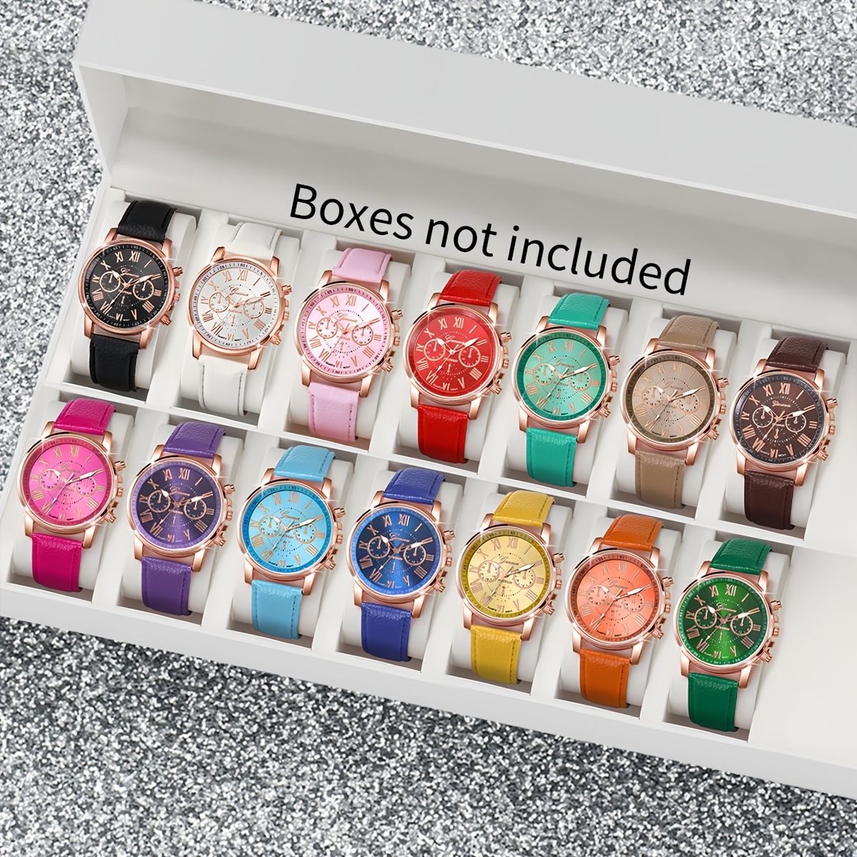 14個セットのファッショナブルなレディースクォーツ時計 フェイクレザーバンド 亜鉛合金ケース ローマ数字ダイヤル 充電式ボタンバッテリーなし - 学生向けのキャンディー色のカジュアルウォッチセット（ボックスは含まれていません）