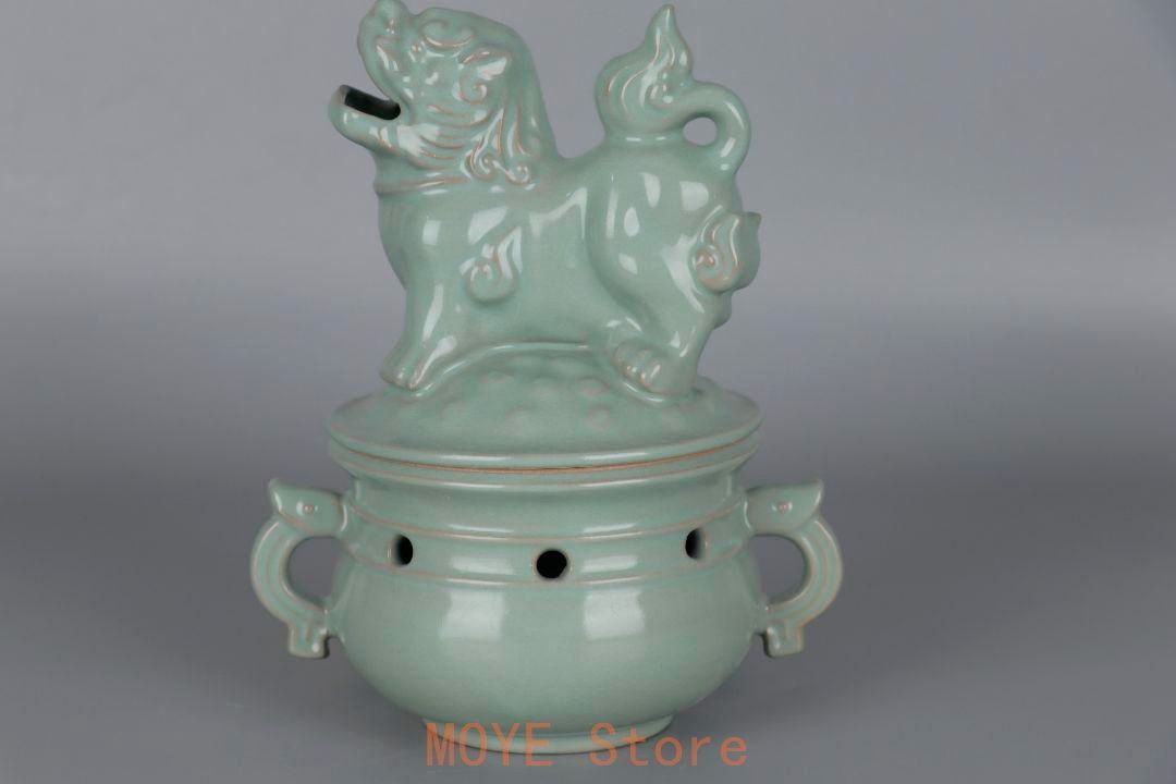 宋汝窯開片釉獅子蓋薫香炉 景徳鎮 陶磁器 装飾品 現代工芸品