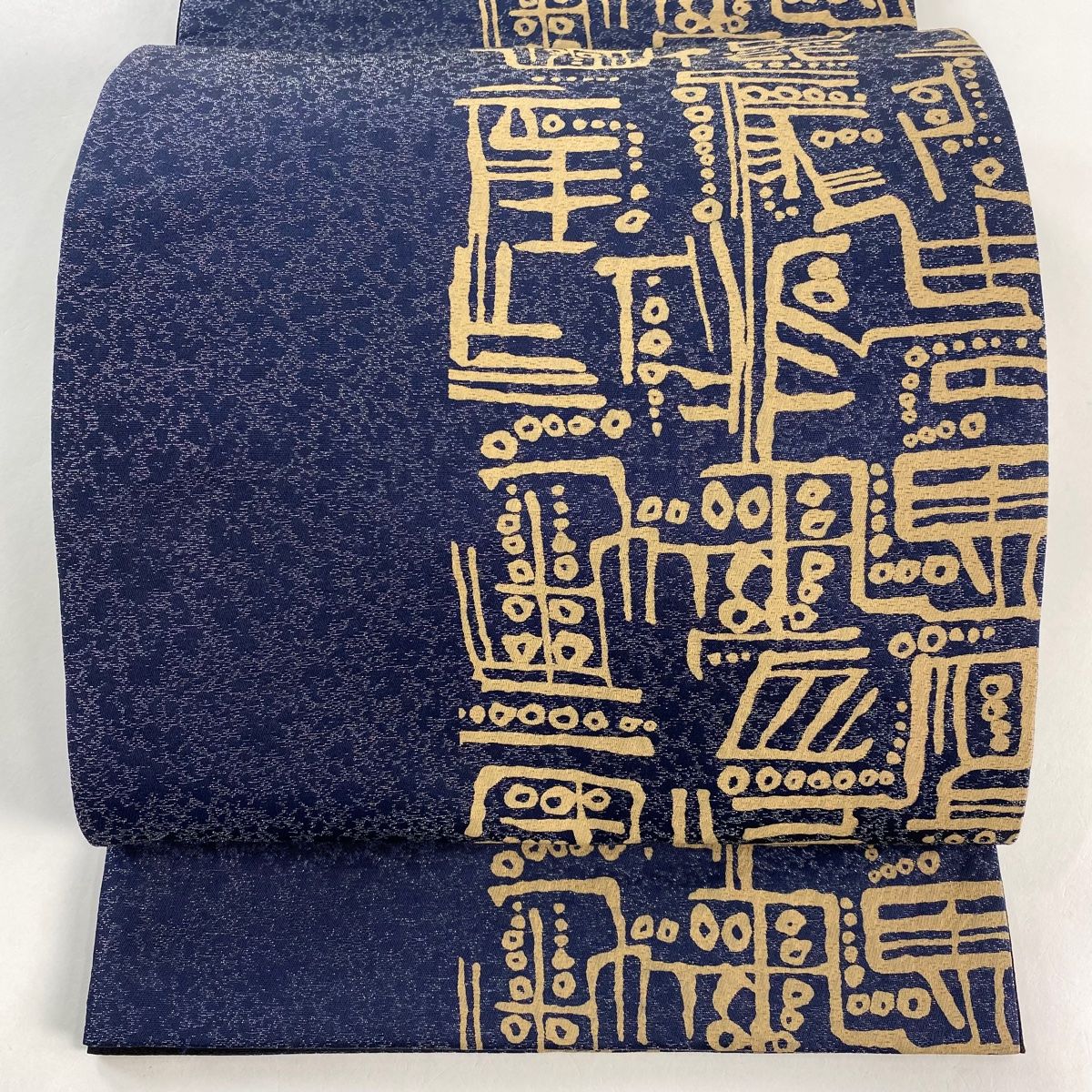 袋帯 幾何学模様 銀糸 紺色 全通 正絹