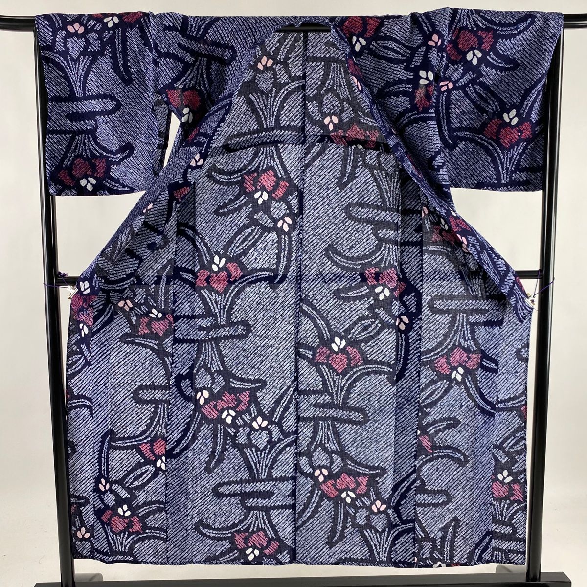 浴衣 名品 絞り浴衣 草花 紺色 身丈152.5cm 裄丈66.5cm M 綿 【中古】