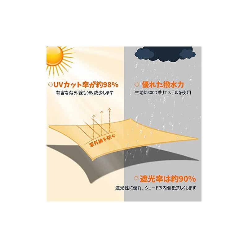 撥水 3M X 4M 長方形 UVカット シェード セイル アイボリー 300D防水