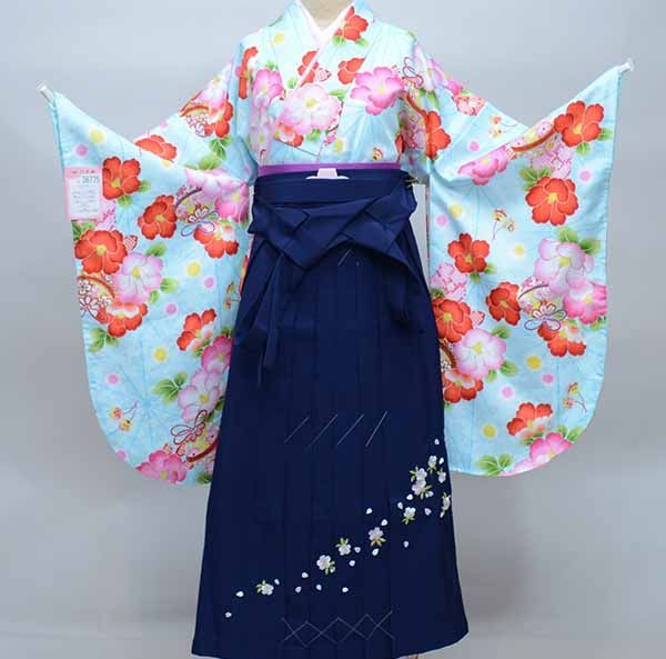 二尺袖 着物 袴フルセット ジュニア用へ直し 135cm～150cm 百花斉放 水色 袴変更可能 卒業式 NO36775