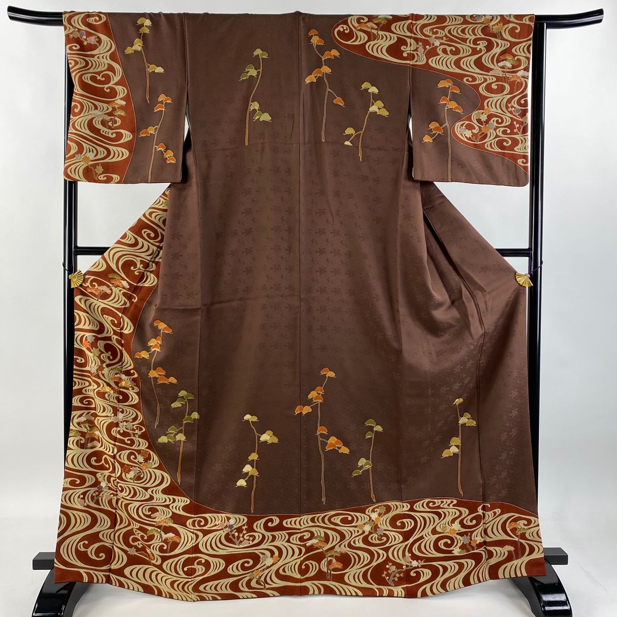 訪問着 身丈167cm 裄丈66.5cm M 袷 松 流水 金糸 金彩 焦茶色 正絹 秀品