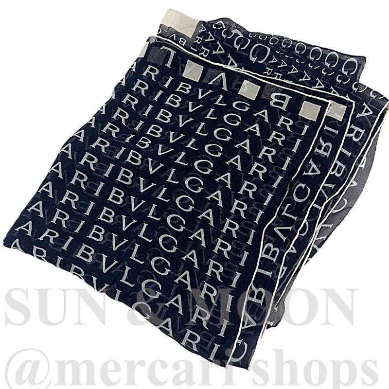 BVLGARI ブルガリ ロゴマニア シルク スカーフ ショール 大判 総柄 ネイビー OJ10-2