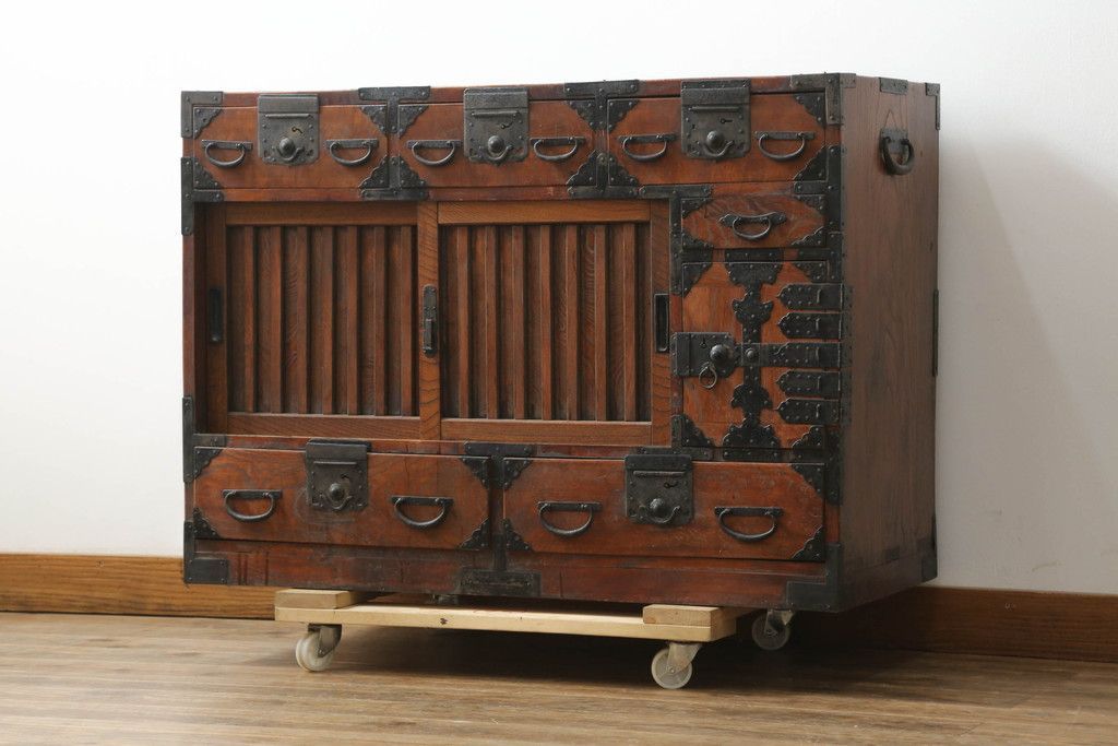 事前問合せ必須 帳場箪笥 和製アンティーク 三方欅 ケヤキ材 時代箪笥 和タンス 収納たんす 整理箪笥 引き出し リペア+発送まで3週間前後 R-074854