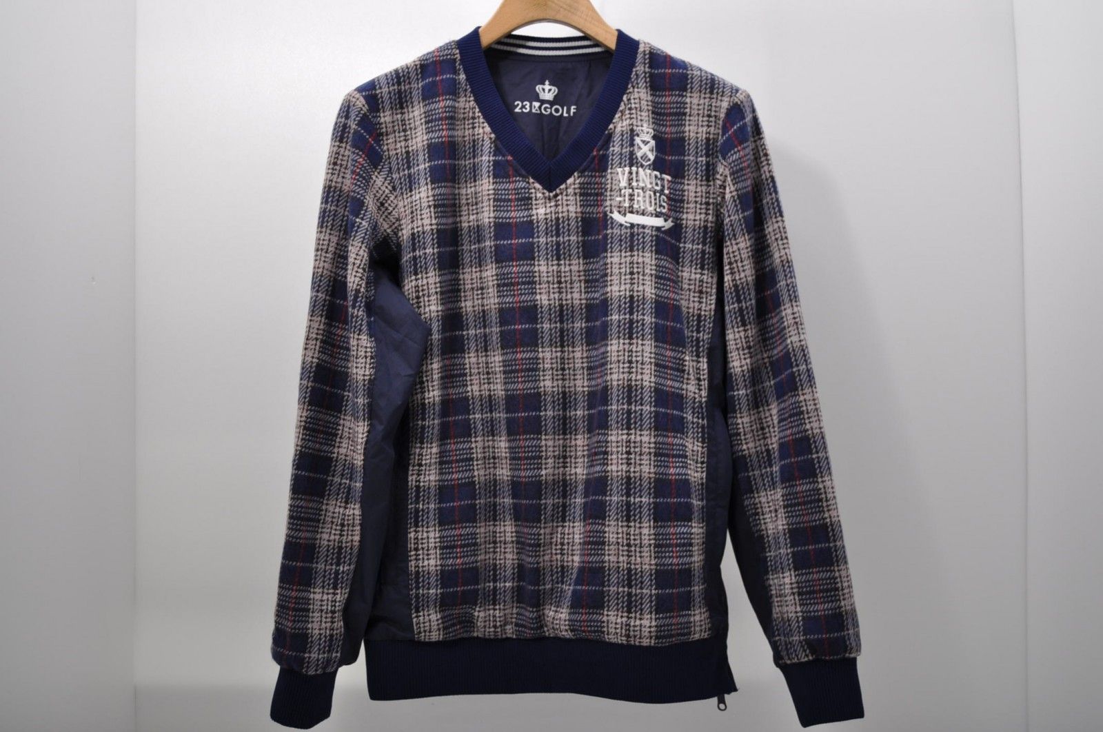 中古 メンズ 23区ゴルフ 23区GOLF ジャケット M 紺×グレー ネイビー 長袖Vネックプルオーバー リバーシブル チェック