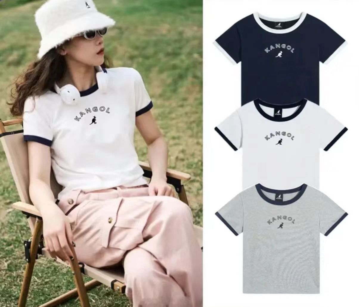 KANGOL 半袖 Tシャツ カラーブロッキング 丸首 レディースファッション 韓国 人気 春夏 3色 ホワイト／グレー／ネイビー