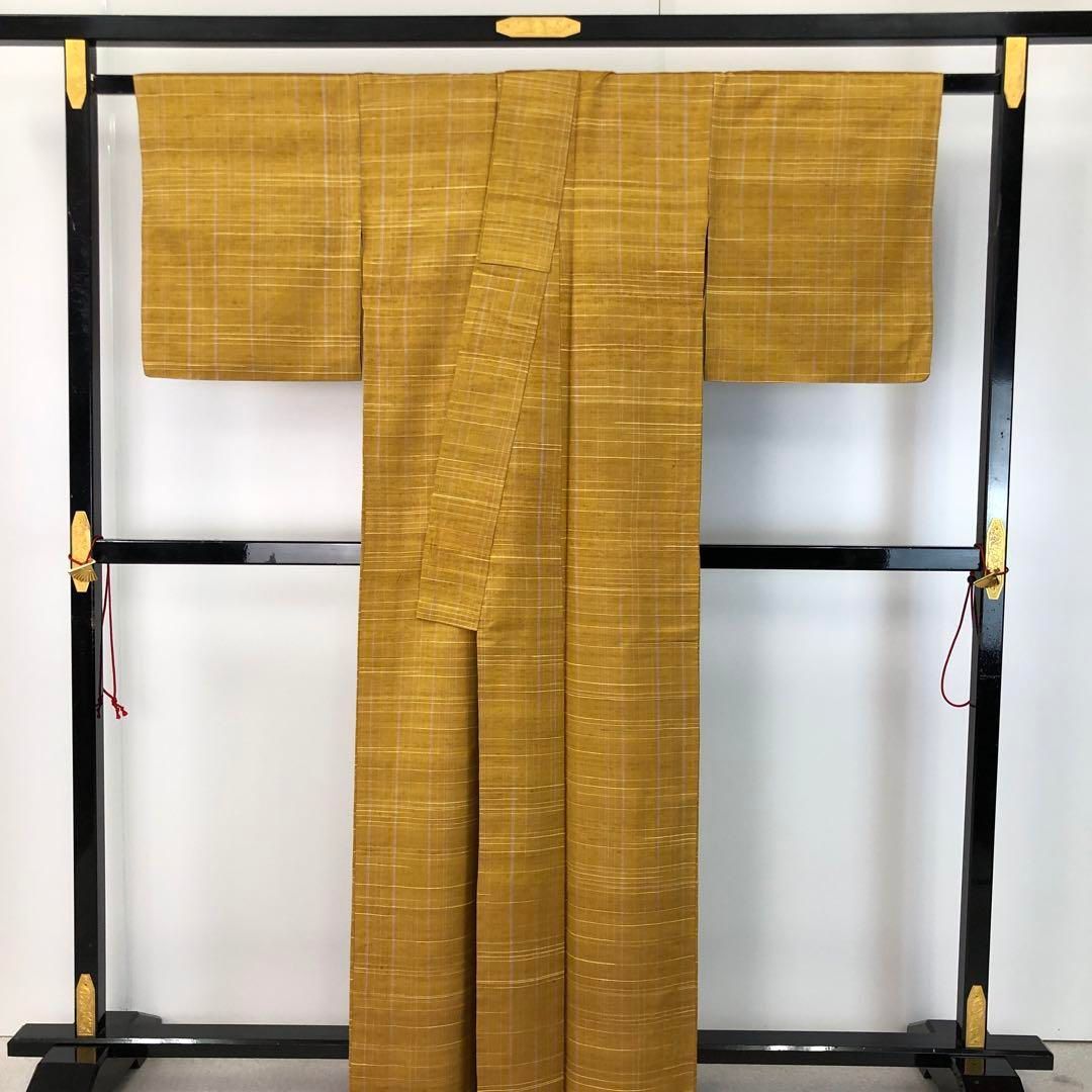 単衣 紬 縦横縞の織模様 黄土色 K-4492 単衣 紬 縦横縞の織模様 黄土色 K-4492