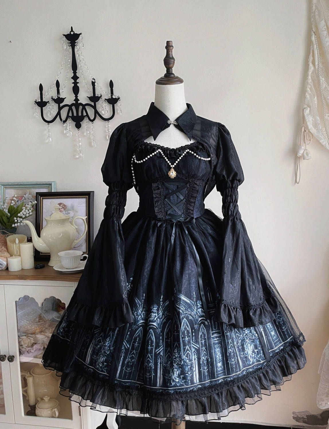 オリジナルデザイン 高品質 暗黒ゴシック風 Lolitaワンピース jsk ドレス 豪華刺繍 長袖 夏|秋用 エレガント ゴスロリスタイル