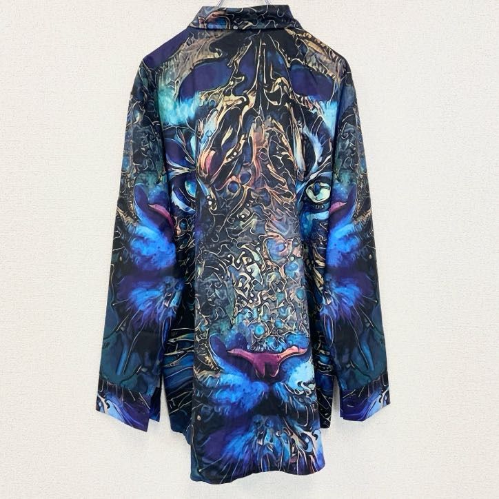 【3着￥12,000】総柄　デザインシャツ　長袖　ひまわり　青　ブルー　古着 3色展開】「Meridian」織柄 長袖 シアーシャツ ブルー - 古着屋