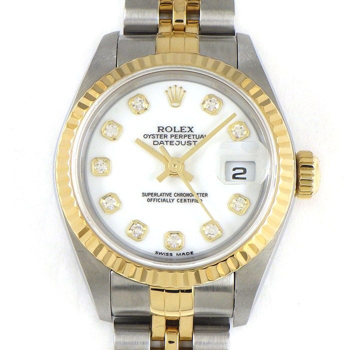ロレックス Rolex 腕時計 デイトジャスト 79173G K番 2001年製 10ポイント ダイヤインデックス ホワイト文字盤 フルーテッドベゼル ジュビリーブレス K18YG SS 自動巻き 【中古】 ROLEX - ロレックス Rolex 腕時計 デイトジャスト 79173G K番 2001年製