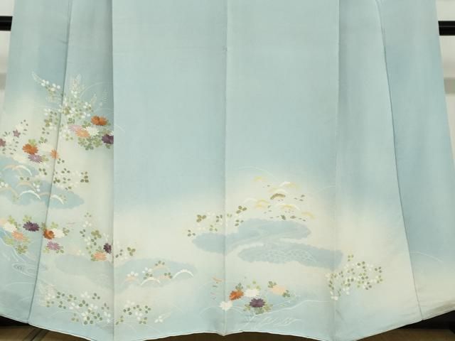 平和屋着物○訪問着 刺繍 流水草花文 暈し染め 鬼しぼ縮緬