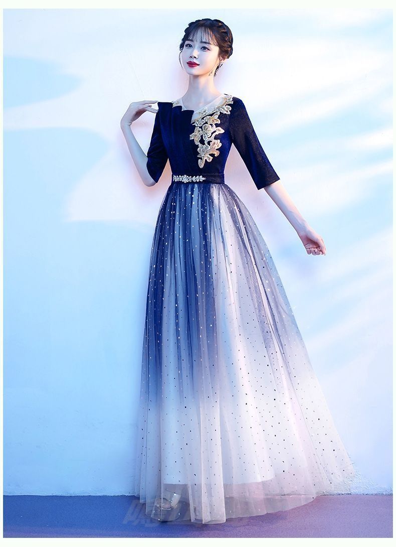 送料無料 レディース ロングドレス 宝藍グラデーション 方ネック 半袖 舞台 演出 発表会WPまとめ買い割引103