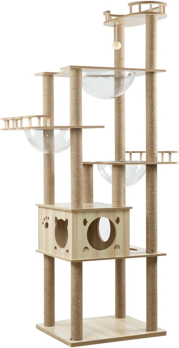 Yilucess キャットタワー 据え置き型 猫タワー 爪とぎポール 猫 宇宙船ハンモック 多頭飼い ねこハウス 木製 運動不足解消 安定性高い お手入れ簡単 丸角設計 おしゃれ 高さ185cm