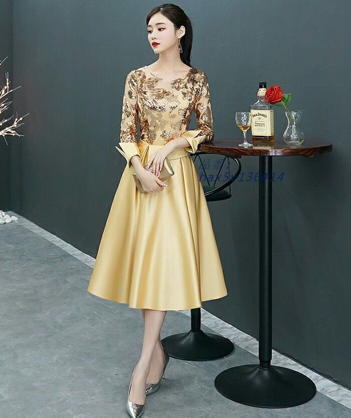 確かな品質。必見！ ドレス パーティードレス 演奏会 発表会 イブニングドレス フォーマル コンクール ミニドレス ミディアムドレス 長袖 カクテルドレス ゴールド コンサート hax5v136414