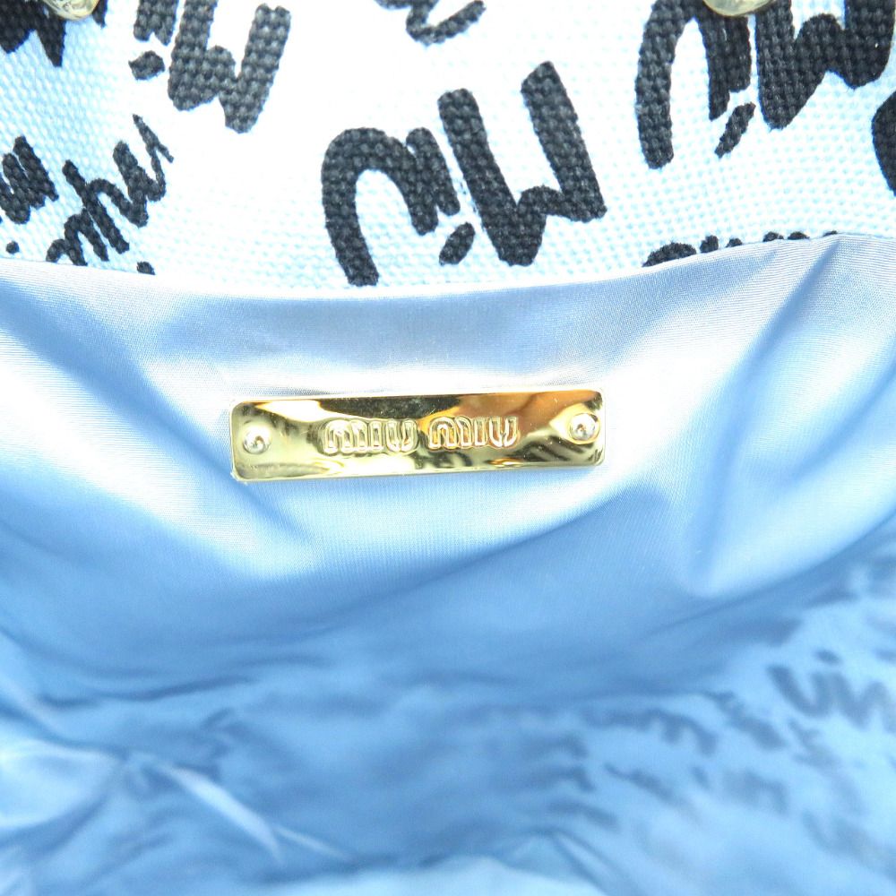 美品 ミュウミュウ ツバメ柄 キャンバス ゴールド金具 ライトブルー 水色 巾着バッグ 0225 miumiu