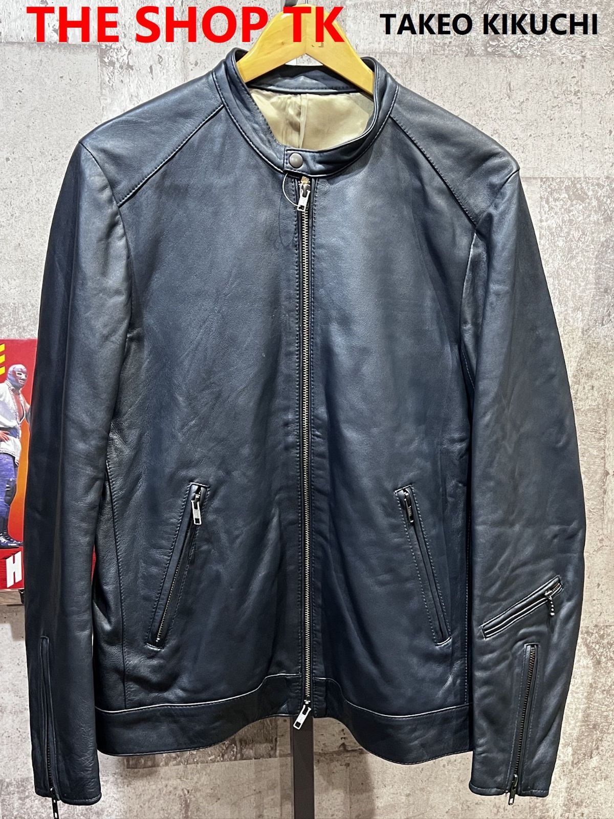 美品 タケオキクチ THE SHOP TK ラムレザー シングル ライダースジャケット 紺 L ネイビー 羊革