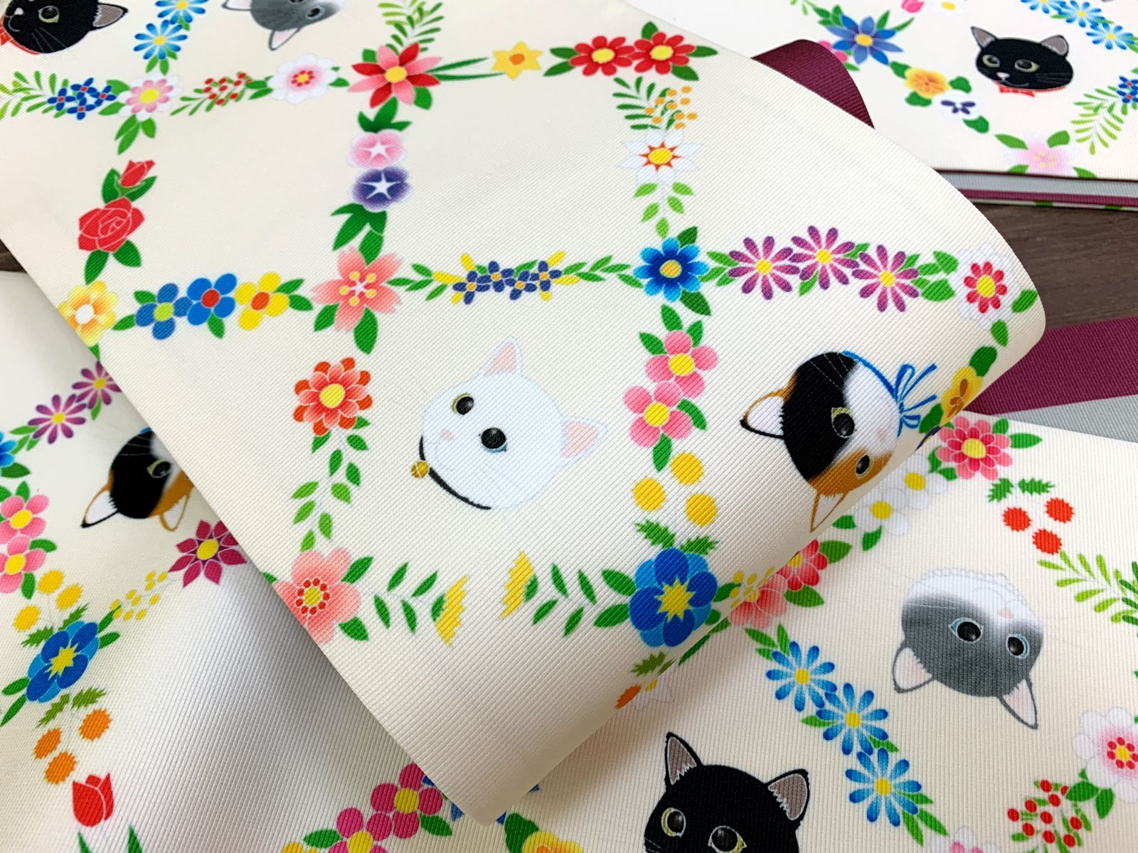 着物三河 花格子にねこ２ 半幅帯 うれしい長尺430㎝